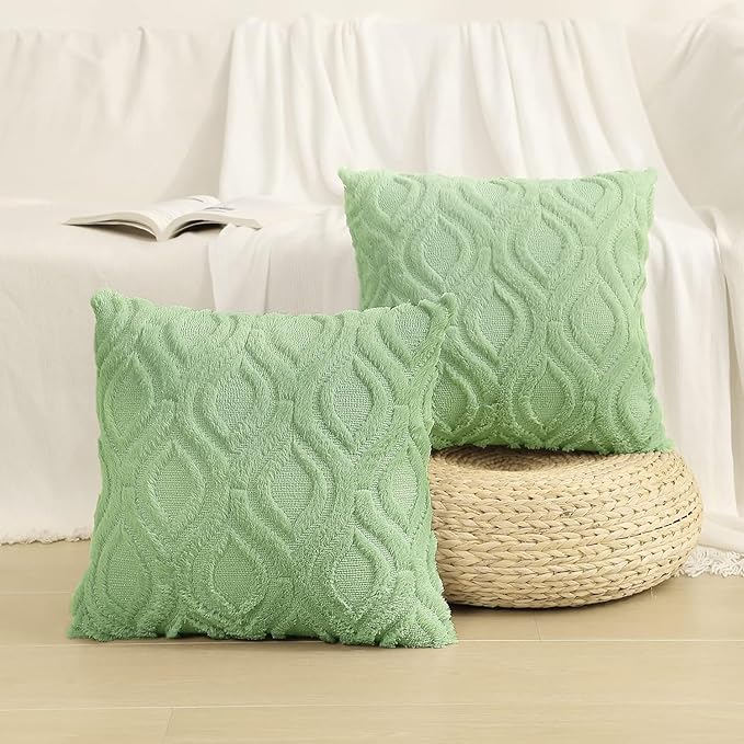 decorUhome Spring Throw Pillow Covers 16x16 Inch Set of 2, Soft Plush Faux Wool Sage Green Solid Couch Pillow Covers, Accent Farmhouse Neutral Square Pillow Cases for Sofa Bed Living Room