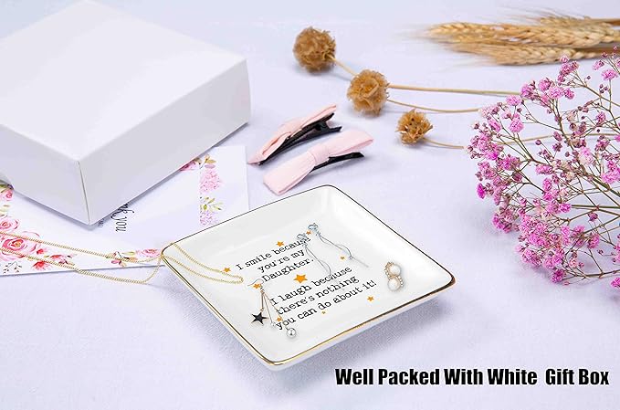 Topthink Daughter Gifts from Mom or Dad-Funny Birthday Graduation Christmas Gifts-I Smile Because You're My Daughter-Ceramic Jewelry Holder Ring Dish Trinket Tray