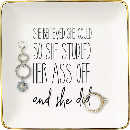 She Believe She Could So She Did-Promotion Going Away New Job Graduation Birthday Christmas Gift for Daughter Nurse Cousin Friends Sister Co-worker Boss-Ceramic Jewelry Holder Ring Dish Trinket Tray