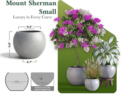 DTY Signature Mount Sherman Modern Indoor Outdoor Fiberstone Sphere Planter, Durable Round Garden Pot, Weather Resistant, Drainage Hole & Rubber Plug - Small, Gray