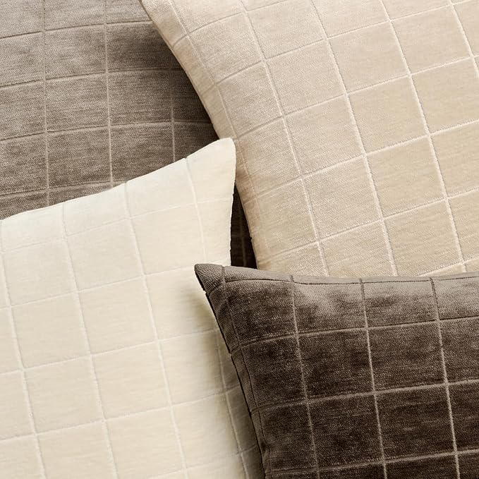 MIULEE Decorative Chenille Check Euro Shams Throw Pillow Covers Vintage Plaid Couch Pillows 26x26 Inch Set of 2 Neutral Boho Farmhouse Cushion Covers Spring Decor for Sofa Bed Living Room Beige