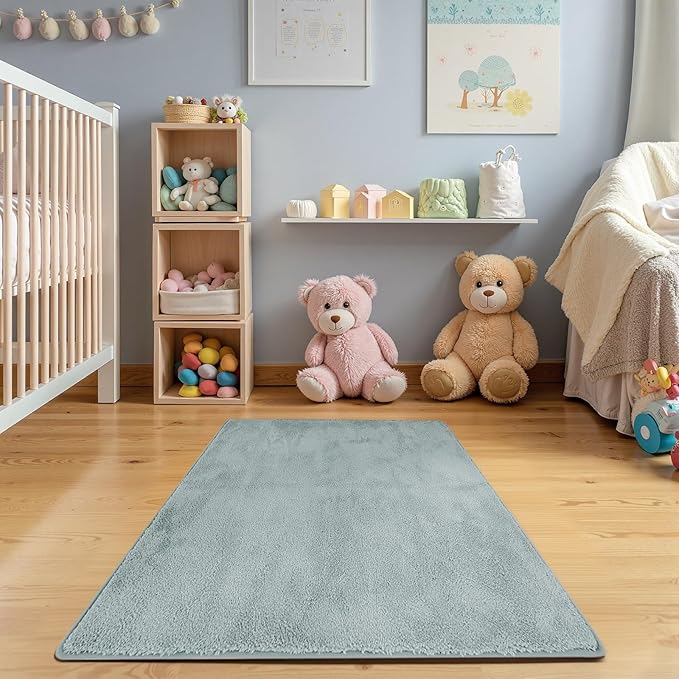 jinchan Solid Plush Area Rug 3x5 Performance Shaggy Washable Rug Indoor Soft Modern Faux Wool Cozy Non Slip Carpet for Living Room Kids Room Bedroom Dining Room Nursery Slate Blue
