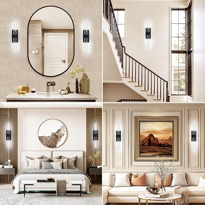 Black Wall Sconces Set of 2, Hardwired Bathroom Vanity Light Fixture, 22.8" Brass Sconce Wall Lighting, Modern Wall Light Set of Two, Cylinder Lamp for Bedroom Living Room Mirror Hallway