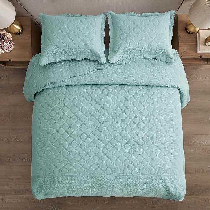 CHIXIN Oversized Cotton Bedspread Queen Size - Real Stitching - Luxury Quilted Bedding Cover for All Season, Reversible, Ultra Soft, Lightweight, 3 Piece, Seaglass