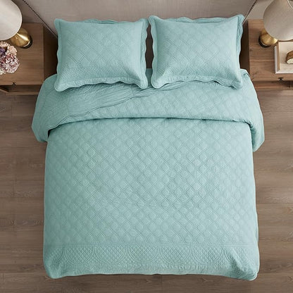 CHIXIN Cotton Bedspread Full Size - Real Stitching - Luxury Quilted Bedding Cover for All Season, Reversible, Ultra Soft, Lightweight, 3 Piece, Seaglass