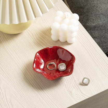 Ceramic Ring Dish, Jewelry Dish Holder, Small Trinket Tray Plate for Earrings Rings Necklaces Keys, Gift for Mom Friend Sister on Birthday Mother's Day Christmas (Red Surface)