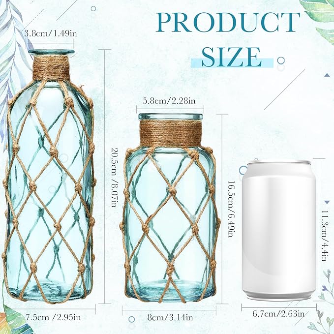 Chuangdi Set of 2 Coastal Glass Vases Christmas Vases for Flowers with Boho Rope Christmas Centerpieces for Tables Small Beach Bottle for Nautical Wedding Floral Arrangement Decorations(Light Blue)