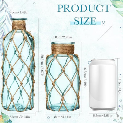 Chuangdi Set of 2 Coastal Glass Vases Christmas Vases for Flowers with Boho Rope Christmas Centerpieces for Tables Small Beach Bottle for Nautical Wedding Floral Arrangement Decorations(Light Blue)