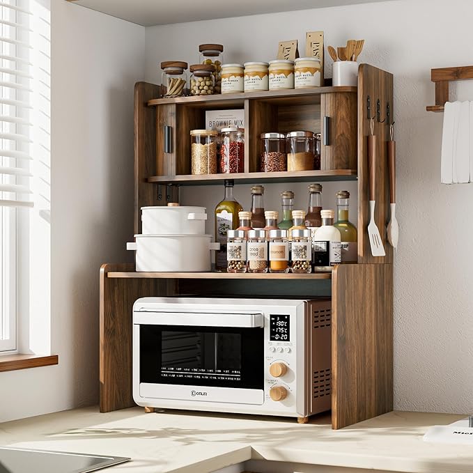 Microwave Stand with Storage, 31 x 23 Inch Mid Century Modern Kitchen Countertop Organizer, Over Fluted Microwave Counter Shelf Rack with Sliding Door, Space Saving, Wooden, Walnut