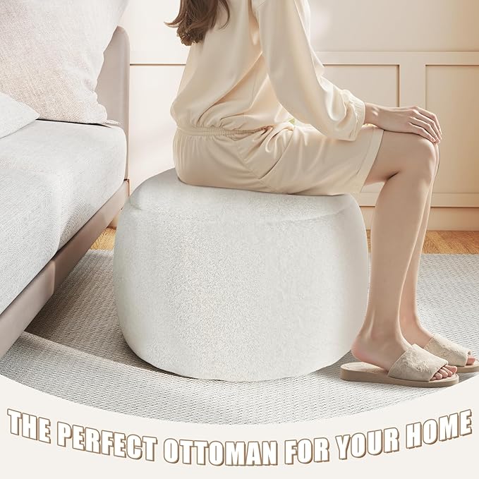 Round Stuffed Pouf Ottoman for Foot Rest, A Round Modern Foam Filled Poufs, Floor Chair for Living Room, Nursery, Dorm,Outdoor, A Soft Modern Foot Stool Perfect to Rest Your Feet (White, 20Inch)
