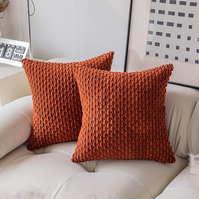 Kevin Textile Fall Pack of 2 Corduroy Decorative Throw Pillow Covers 26x26 Inch Soft Boho Striped Pillow Covers Modern Farmhouse Home Decor for Spring Sofa Living Room Couch Bed Burnt Brick