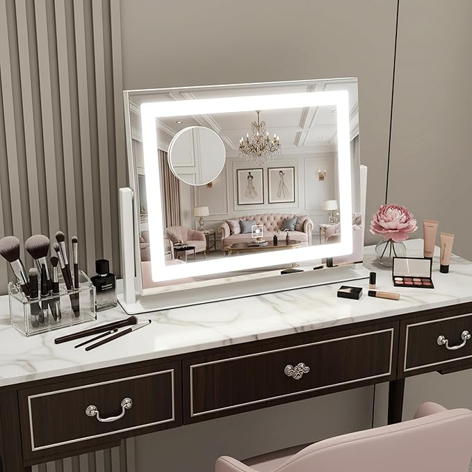 HNV 16"x13" Vanity Mirror with Lights, Rectangular Lighted Makeup Mirror with 10X Magnification, 3 Color Modes & Brightness Adjustable, Smart Touch, 360° Rotation Tabletop Mirror for Bedroom (White)