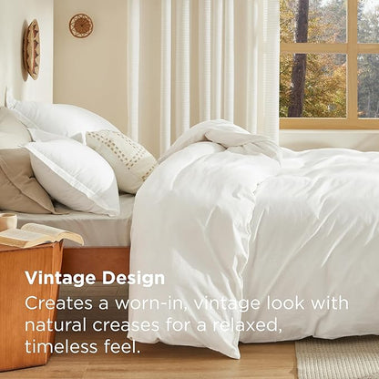 Bedsure 100% Stone Washed Cotton Duvet Cover Queen Size - White Minimalist Cotton Duvet Cover Linen Like for All Seasons - GentleSoft™ Plain Simple Bedding (White, Queen, 90"x90")