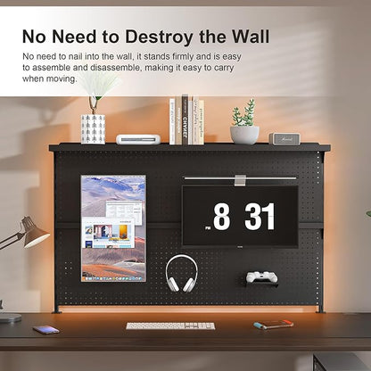 KEIKI Metal Pegboard Desk Organizer with Dual Monitor Stand, 59" x 35" Large Desk Peg Board with Hooks & Movable Panel, Office Organization and Storage Shelf for Gaming or Workstation Setup, Black