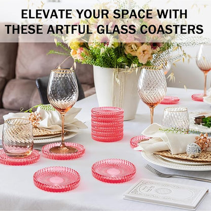 Modern Glass Coasters, GOH DODD Set of 6 Crystal Coasters Tabletop Protection for Drinks, Home Decor, Kitchen, Living Room, Patio, Wedding, Party, Housewarming Gifts, Clear Red