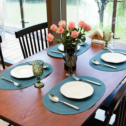 Noctiflorous Oval Braided Placemats Set of 8 Woven 12x18 Inch Non Slip Washable Heat Resistant Place Mats Tablemats for Dining Kitchen Party Daily Table Decor Dinner Mats (Teal Blue, 8)