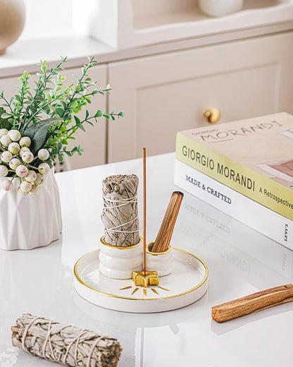 Ceramic Incense Holder Burner, Sage Holder for Burning, Palo Santo Sticks Holder, 5.51" Ash Catch Tray, Smudge Dish for Meditation Yoga, Modern Home Decor Gift
