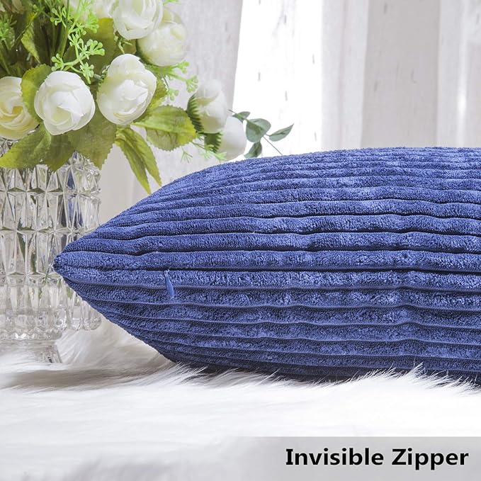 Home Brilliant Striped Decorative Corduroy Velvet Large Euro Sham Set of 2 60x60 cm Couch Throw Pillow Cover for Bed, 24 x 24 inch, Navy Blue