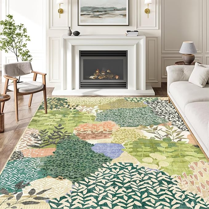 DEXDE Washable Area Rugs 5x7 Tropical Non-Slip Abstract Leaf Floral Boho Soft Rug for Living Room Bedroom Botanical Large Carpet for Entryway Kids Playroom Office,Green