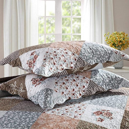 HoneiLife Quilt Set - 3 Piece Microfiber Reversible Bedspreads Patchwork Coverlets Floral Bedding Set All Season- Splicing Mocha Rose,Queen/Full Size