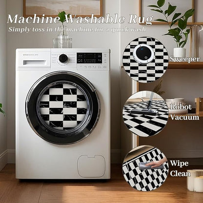 Grey Black Checkered Kitchen Hallway Carpet, 2x8ft, Abstract Black Marble Indoor Decor Washable Rugs, Durable Soft Cozy Non Slip Rug, Breathable Non Shedding Mats for Front Porch