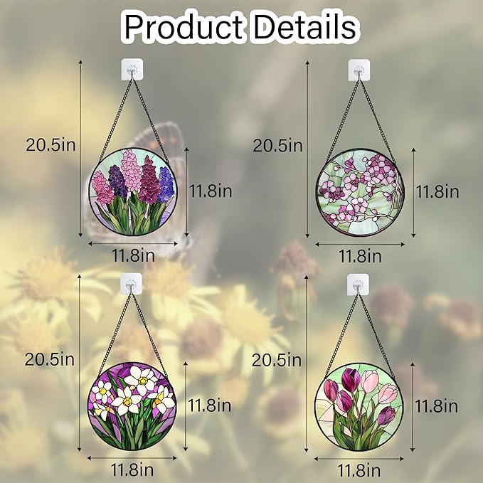 Stained Glass Window Hanging 4 Pcs Set Tulips Plum Flower Daffodils Hyacinths Large 11.8" - Suncatcher Door Garden Sun Catcher Decor Birthday Mother's Day for Mom Woman Nana
