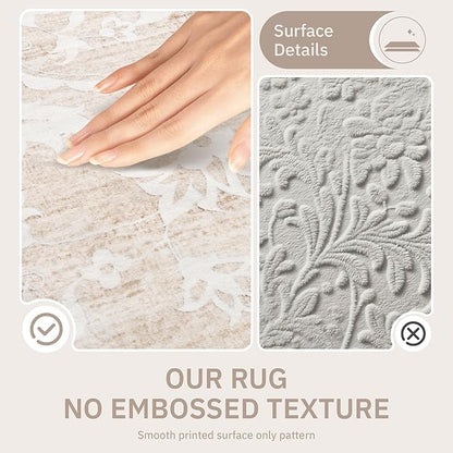 Area Rugs 4x6 for Living Room, Stain Resistant Neutral Washable Rugs for Dining Room, Kitchen, Floral Vintage Non-Slip Area Rug Farmhouse 4x6 Beige Rug