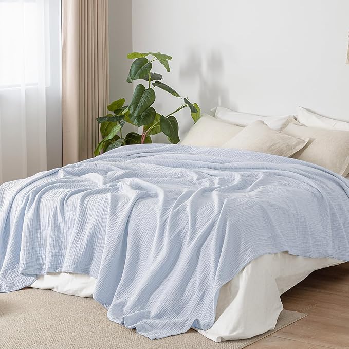 PHF 100% Cotton Muslin Blanket Twin XL Size 66"x90", 4-Layer Lightweight Gauze Throw, Breathable Cloud-Soft Minimalist Blanket for Bed, Couch, Camping & Baby, Ancient Water, Ideal Gift