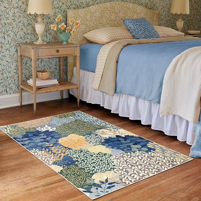 DEXDE 2x3 Area Rug, Small Boho Rugs Entryway Doormat Indoor Machine Washable Non-Slip Abstract Botanical Leaves Floral Print Floor Carpet for Living Room, Bedroom, Office, Kids Playroom,Blue