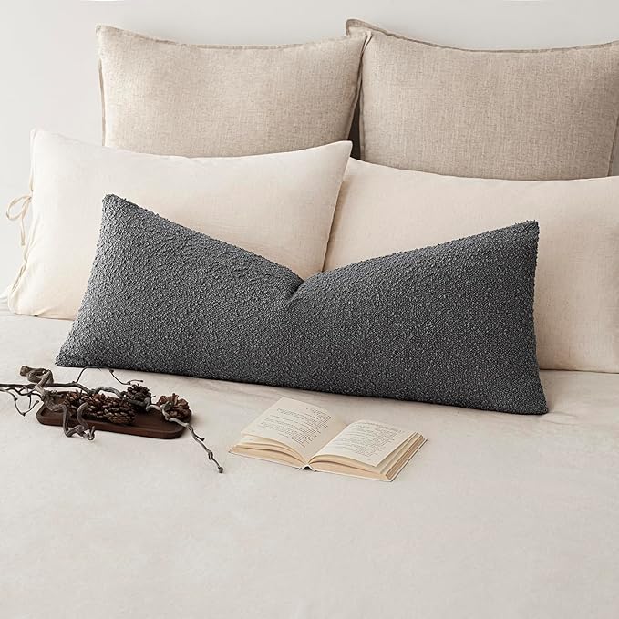 Foindtower Decorative Textured Boucle Throw Pillow Covers Accent Solid Pillow Cases Neutral Long Body Lumbar Couch Cushion Case for Chair Sofa Bedroom Living Room Home Decor 14x36 Inch,1PC,Dark Grey