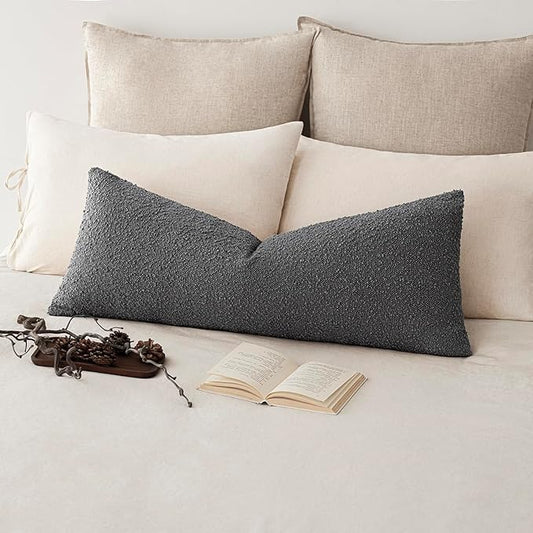 Foindtower Decorative Textured Boucle Throw Pillow Covers Accent Solid Pillow Cases Neutral Long Body Lumbar Couch Cushion Case for Chair Sofa Bedroom Living Room Home Decor 14x36 Inch,1PC,Dark Grey