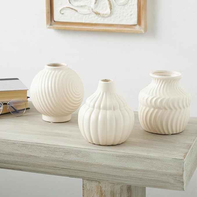 Deco 79 Ceramic Abstract Decorative Vase Small Textured Centerpiece Vases with Varying Shapes and Patterns, Set of 3 Flower Vases for Home Decoration 5" W, 6" H, Cream
