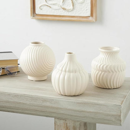 Deco 79 Ceramic Abstract Decorative Vase Small Textured Centerpiece Vases with Varying Shapes and Patterns, Set of 3 Flower Vases for Home Decoration 5" W, 6" H, Cream