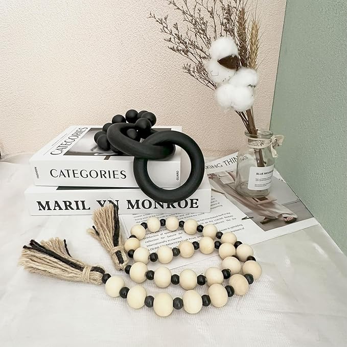 2 pcs Decorative Wood Knot Link Chain and Bead Decor, Black Wooden Knot Decor for Coffee Table Farmhouse Decortive for Home Boho Modern Shelf Decortion(Black)