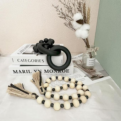 2 pcs Decorative Wood Knot Link Chain and Bead Decor, Black Wooden Knot Decor for Coffee Table Farmhouse Decortive for Home Boho Modern Shelf Decortion(Black)