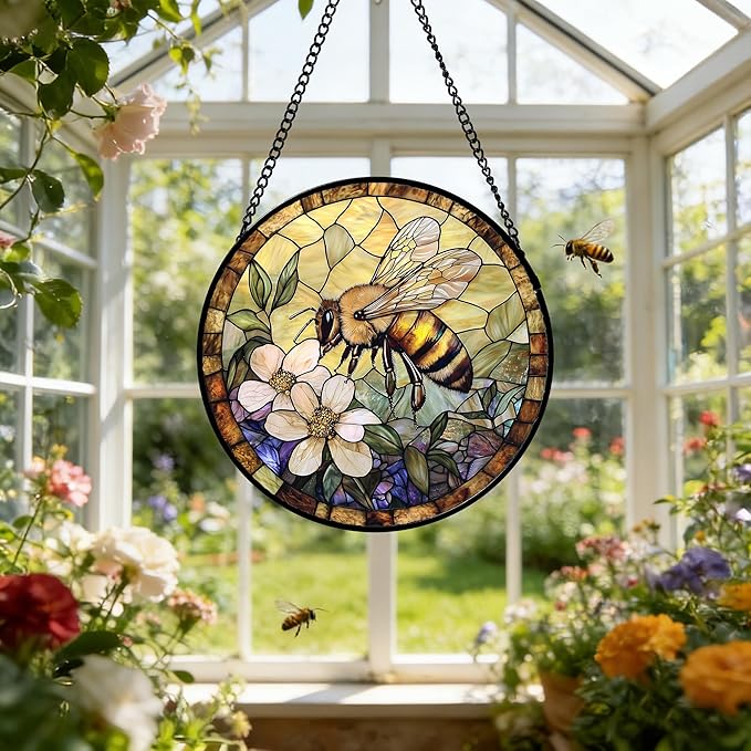 Stained Glass Window Hanging, Vintage Bee Yellow Flower Sun Catcher for Window Door Home Decor Suncatcher Christmas Mother's Day Birthday Gifts for Women Men Mom and Nana 7.8 in