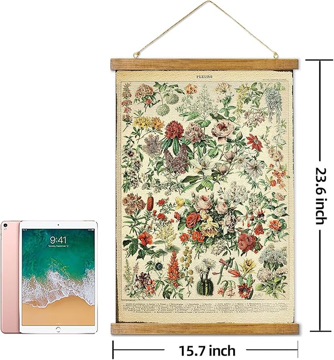 ABoby Vintage Wildflowers Hanging Poster, Retro Style of Botanical Wall Art Prints, Printed on Linen with Wood Frames, Ready to Hang