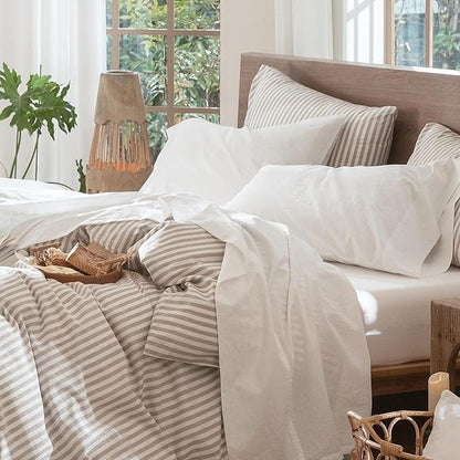 MooMee Bedding Sheet Set 100% Washed Cotton Linen Like Textured Breathable Durable Soft Comfy (Solid Off White, Full)