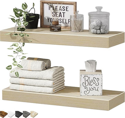 QEEIG Bathroom Floating Shelves for Wall - 15.7" Wall Mounted Shelf Over Toilet Farmhouse Home Decor Display Bookshelf Small 15.7 x 6.7 inch Set of 2, Natural Light Brown (008-40N)