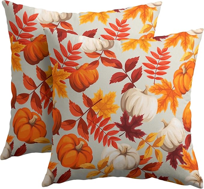 Pumpkin Fall Pillow Covers 18x18 Set of 2 Orange Beige Autumn Thanksgiving Pillow Cases Maple Leaf Print Outdoor Decorative Holiday Cushion Cover Rustic Decoration Farmhouse Home Sofa Couch Bed Decor