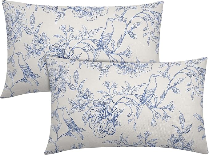 White Blue Chinoiserie Pillow Covers 12x20 Set of 2 Decorations Vintage Floral Throw Pillow Covers Boho Decor Rustic Pillowcases Farmhouse Pattern Soft Cozy for Sofa Bed Chair Home Decorative