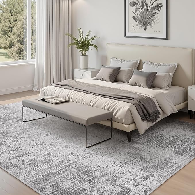 6x9 Area Rugs for Living Room Non Slip Machine Washable Rug Distressed Abstract Soft Indoor Carpet Neutral Boho Rug for Bedroom Dining Room Playroom Office, Grey