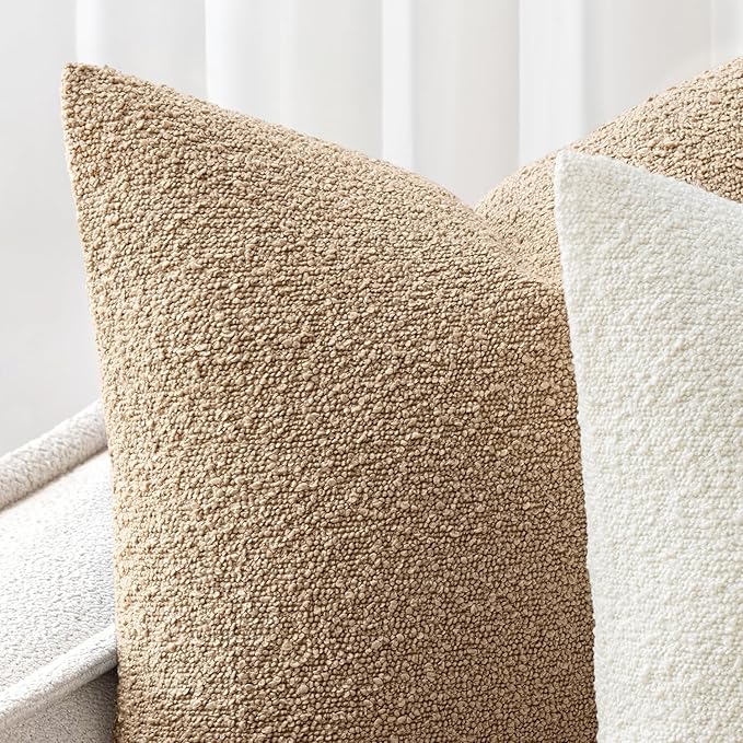 Woaboy Pack of 2 12x20 Inch Decorative Boucle Throw Pillow Covers Textured Lumbar Pillowcaes Accent Solid Cozy Soft Cushion Covers Home Decor for Sofa Couch Living Room Home Decor,Khaki