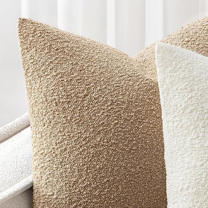 Woaboy Pack of 2 20x20 Inch Decorative Boucle Throw Pillow Covers Textured Square Pillowcaes Accent Solid Cozy Soft Cushion Covers Home Decor for Sofa Couch Living Room Home Decor,Khaki