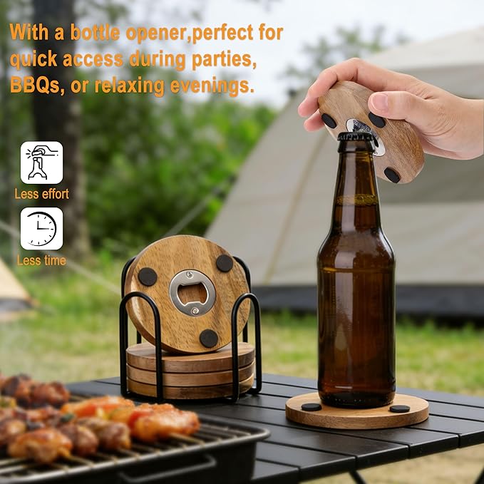 Yoption 6 Pcs Wood Coasters for Drinks with Bottle Opener and Holder, Acacia Wooden Cup Coaster with Non-Slip Pad for DIY Crafts, Coffee Table, Dining Table Home Christmas Decor, 4 Inches
