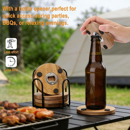 Yoption 6 Pcs Wood Coasters for Drinks with Bottle Opener and Holder, Acacia Wooden Cup Coaster with Non-Slip Pad for DIY Crafts, Coffee Table, Dining Table Home Christmas Decor, 4 Inches