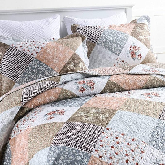 HoneiLife Quilt Set Twin Size - 2 Piece Microfiber Quilts Reversible Bedspreads Patchwork Coverlets Floral Bedding Set All Season Quilts with Geometric and Little Rose Print Pattern，Coffee