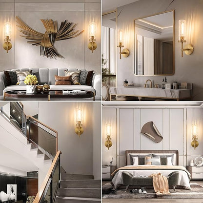 15" Knurled Brass Wall Sconces Set of 2, Gold Bathroom Vanity Light Fixtures with Water Ripples Glass Tube, Modern Lamp Lighting for Bedroom, Living Room, Hallway, Staircase, Mirror, Kitchen