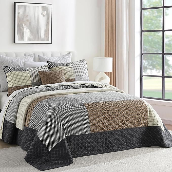 Oversized Quilt Bedspread 120"x120", 100% Cotton Patchwork King Bedspreads Coverlet Set with Pillow Shams, Lightweight Quilted Farmhouse Bedding Cover, Brown/Beige/Gray