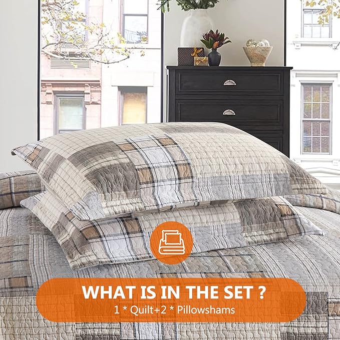 Quilts Queen Size - Queen Quilted Bedspread Sets, 100% Cotton Patchwork Quilt Bedding Set for Queen Bed, 3 Pieces Plaid Farmhouse Reversible Rustic Lightweight Comforter